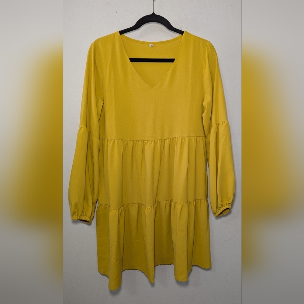 Yellow Bishop-Sleeve Babydoll Dress Tiered V-Neck Women's Size S